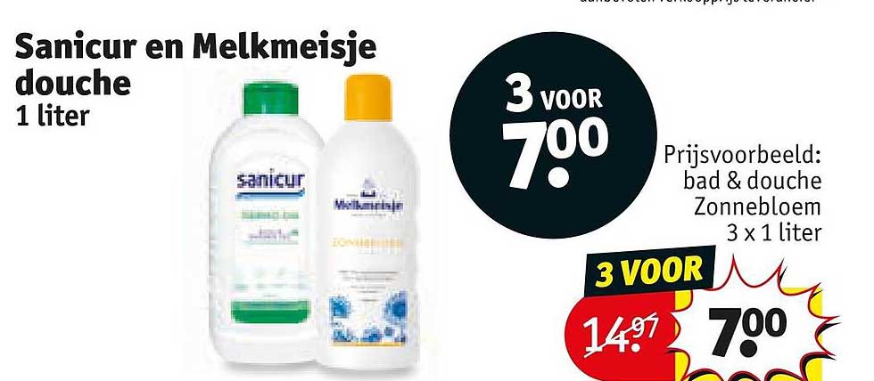 Sanicur en Melkmeisje douche 1 liter 3 voor 7.00