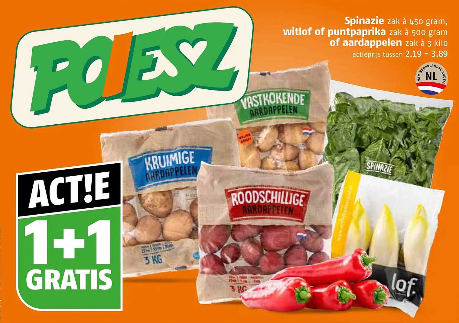 Spinazie zak à 450 gram, witlof of puntpaprika zak à 500 gram of aardappelen zak à 3 kilo 1+1 gratis