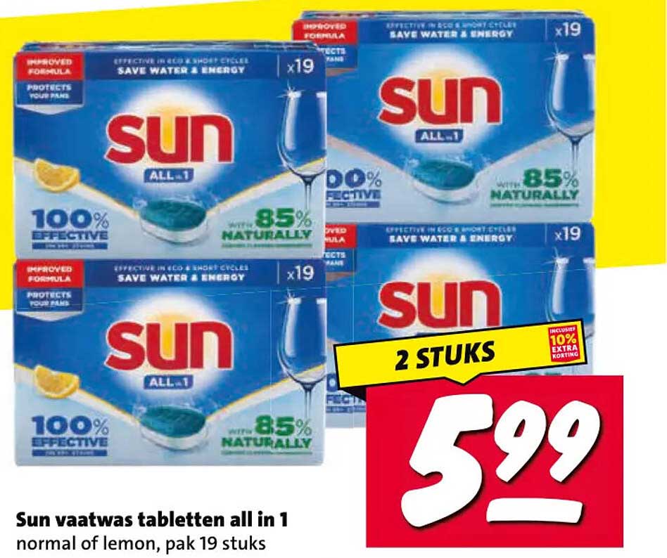 Sun vaatwas tabletten all in 1 normal of lemon, pak 19 stuks 2 STUKS