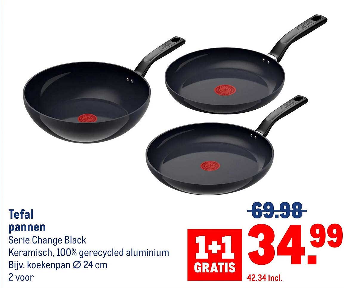 Tefal pannen Serie Change Black Keramisch, 100% gerecycled aluminium Bijv. koekenpan Ø 24 cm 2 voor 1+1 GRATIS