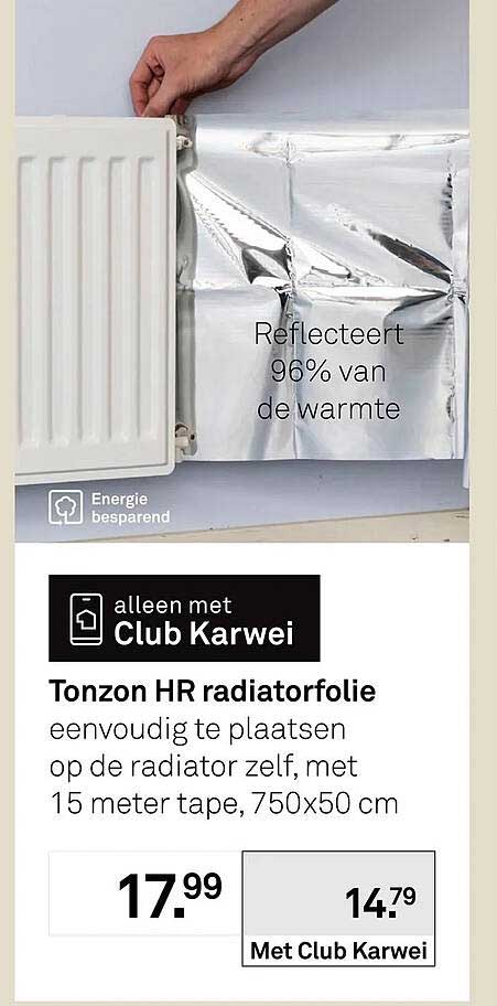 Tonzon HR radiatorfolie eenvoudig te plaatsen op de radiator zelf, met 15 meter tape, 750x50 cm