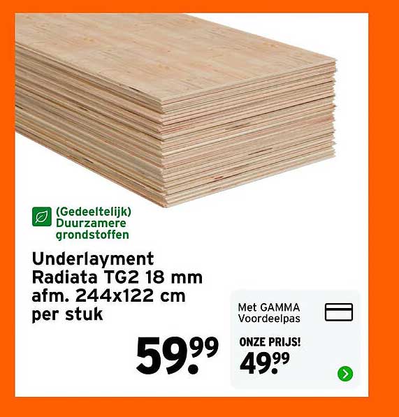 Underlayment Radiata TG2 18 mm afm. 244x122 cm per stuk