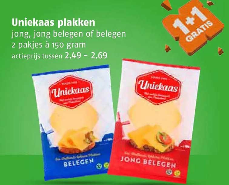 Uniekaas plakken jong, jong belegen of belegen 2 pakjes à 150 gram 1+1 GRATIS