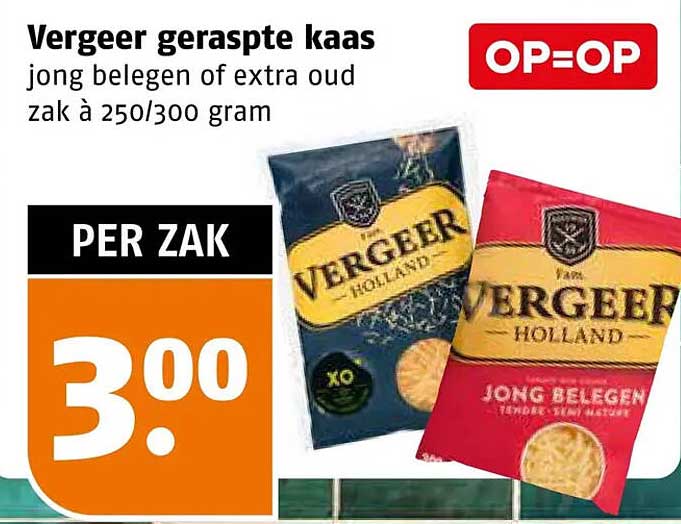 Vergeer geraspte kaas jong belegen of extra oud zak à 250/300 gram OP=OP