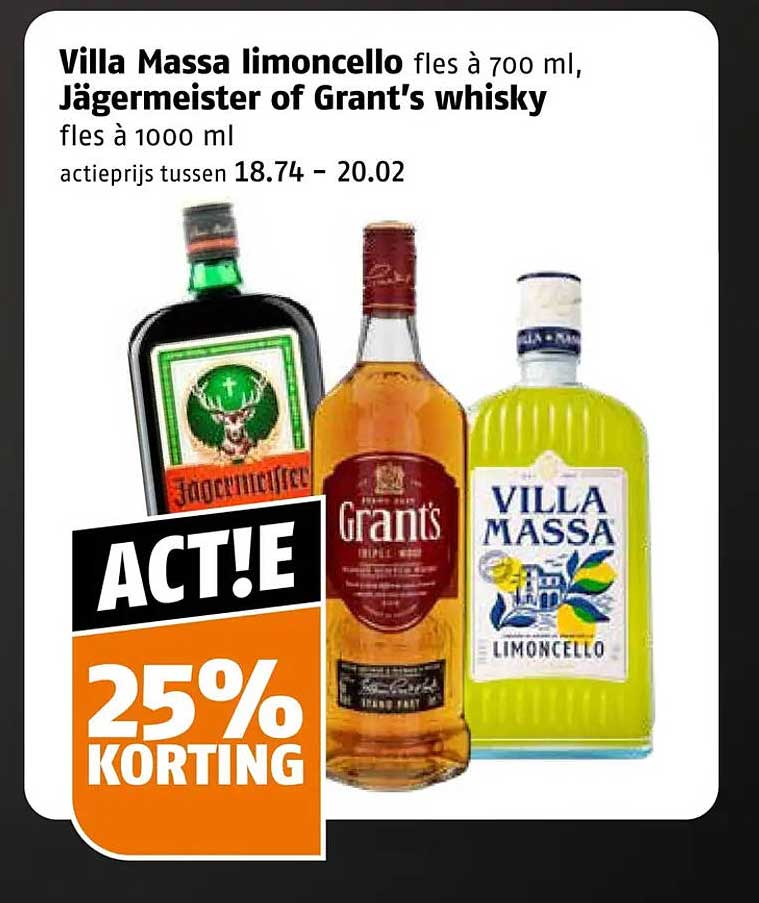 Villa Massa limoncello fles à 700 ml, Jägermeister of Grant's whisky fles à 1000 ml ACT!E 25% KORTING
