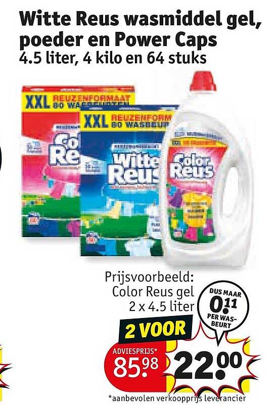 Witte Reus wasmiddel gel, poeder en Power Caps 4.5 liter, 4 kilo en 64 stuks