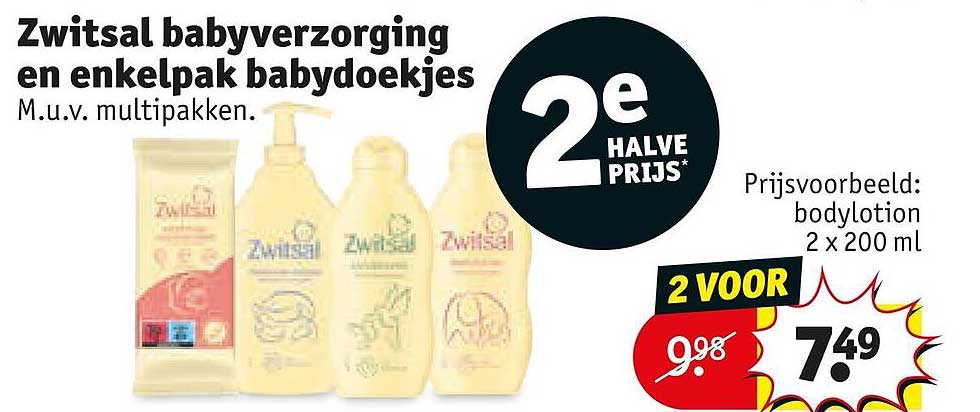 Zwitsal babyverzorging en enkelpak babydoekjes M.u.v. multipakken. 2e halve prijs*