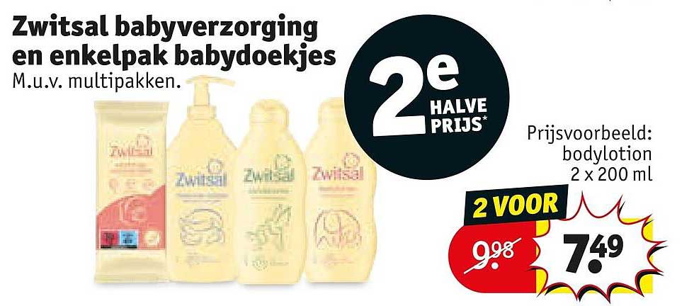 Zwitsal babyverzorging en enkelpak babydoekjes M.u.v. multipakken. 2e halve prijs