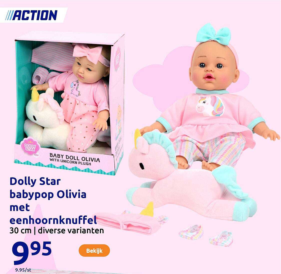 Dolly Star babypop Olivia met eenhoornknuffel