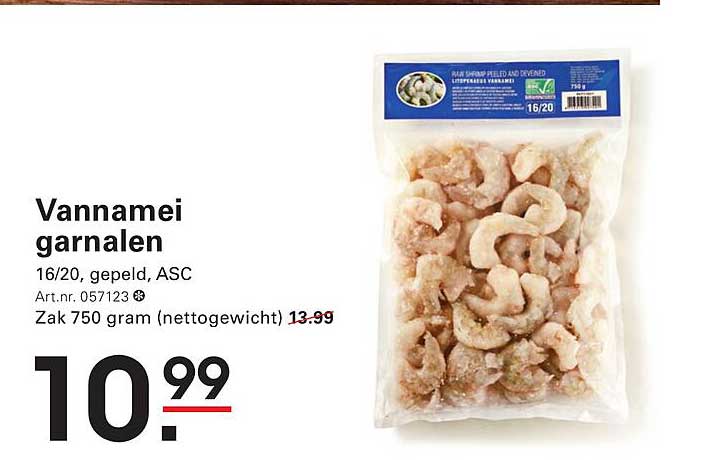 Vannamei garnalen 16/20, gepeld, ASC