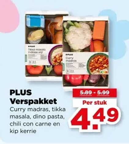 PLUS Verspakket Curry madras, tikka masala, dino pasta, chili con carne en kip kerrie