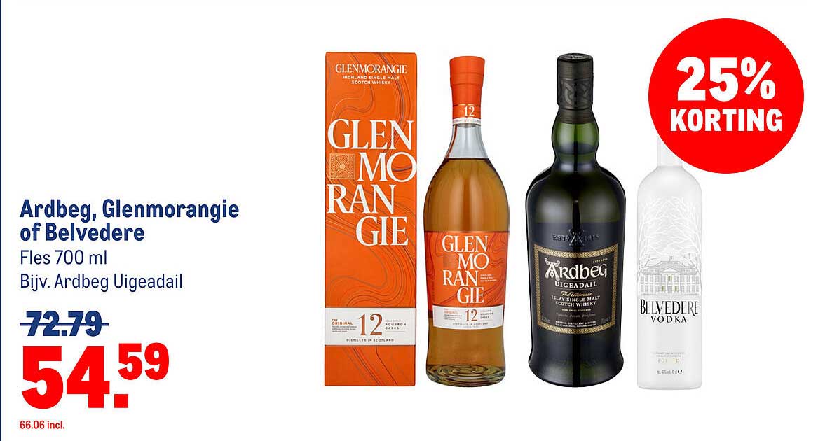 Ardbeg, Glenmorangie of Belvedere Fles 700 ml