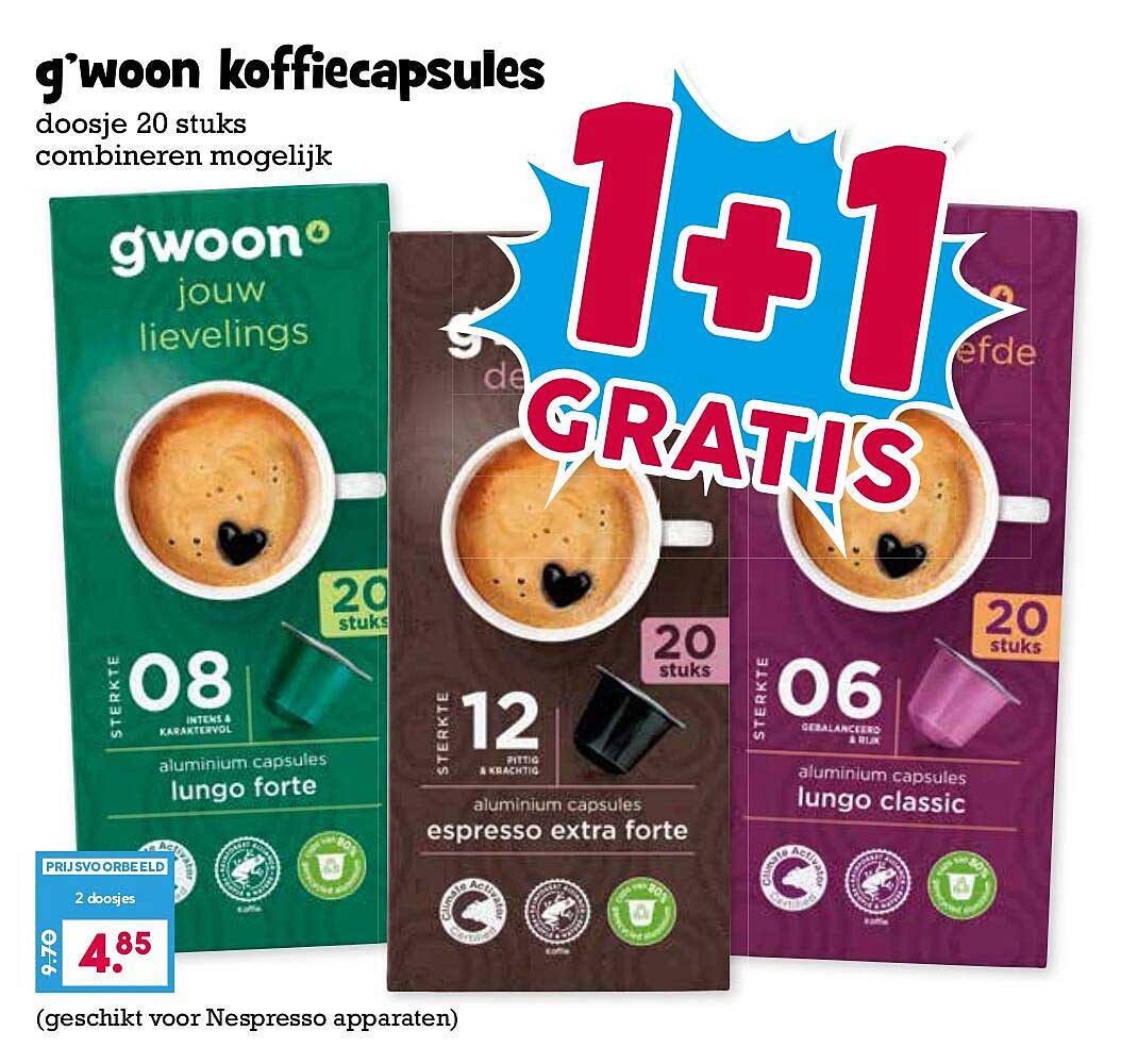 g'woon koffiecapsules 20 stuks - 1+1 GRATIS