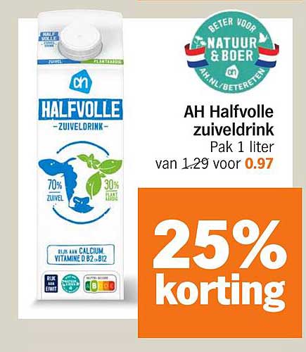 AH Halfvolle zuiveldrink Pak 1 liter van 1,29 voor 0,97