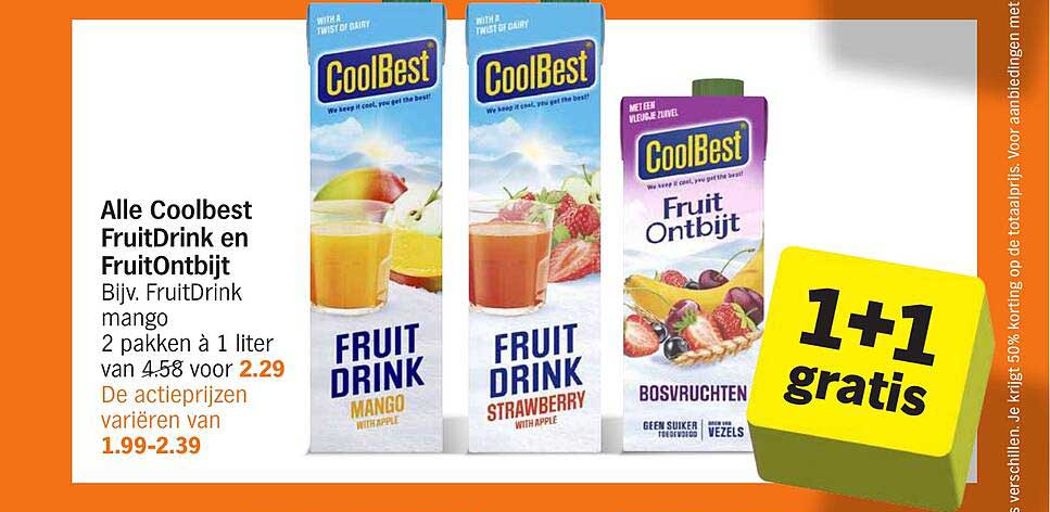 Alle Coolbest FruitDrink en FruitOntbijt Bijv. FruitDrink mango 2 pakken à 1 liter van 4.58 voor 2.29