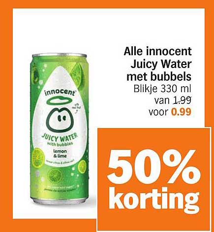 Alle innocent Juicy Water met bubbels Blikje 330 ml van 1,99 voor 0,99