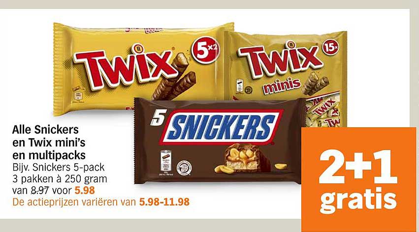 Alle Snickers en Twix mini's en multipacks Bijv. Snickers 5-pack 3 pakken à 250 gram van 8.97 voor 5.98