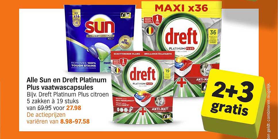 Alle Sun en Dreft Platinum Plus vaatwascapsules