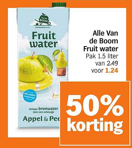 Alle Van de Boom Fruit water Pak 1.5 liter van 2.49 voor 1.24