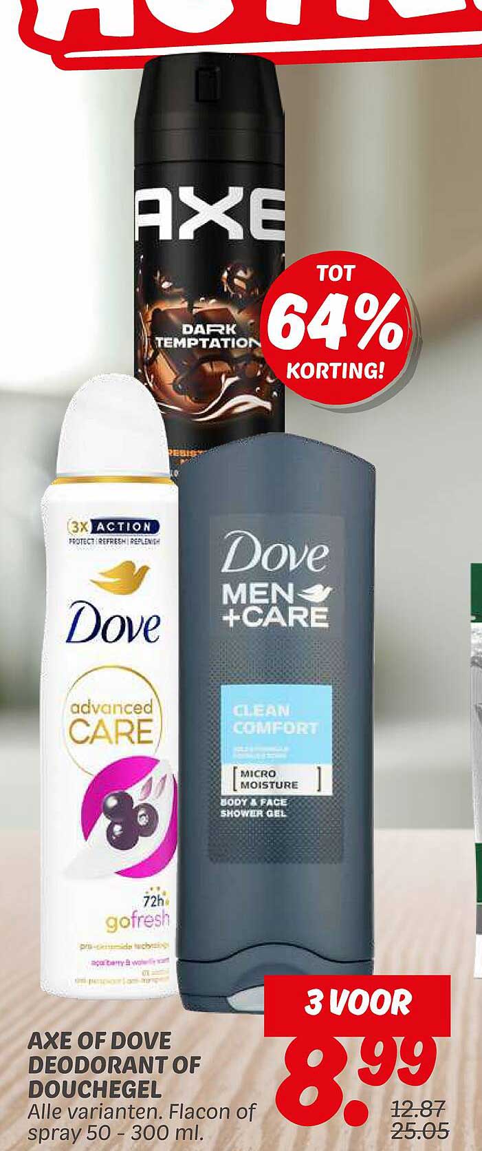 AXE OF DOVE DEODORANT OF DOUCHGEL Alle varianten. Flacon of spray 50 - 300 ml.