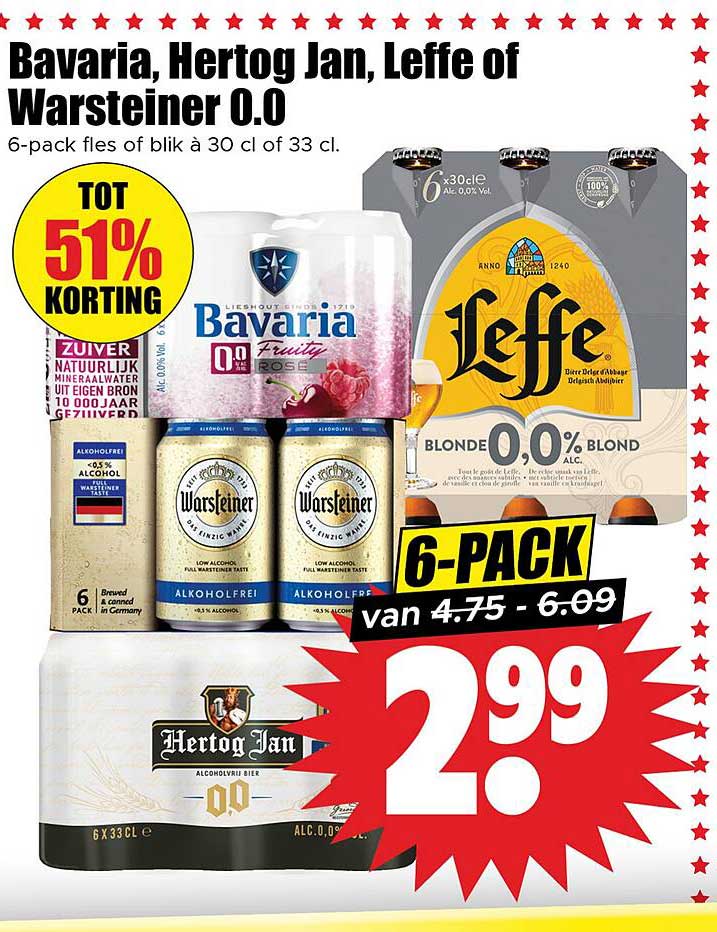 Bavaria, Hertog Jan, Leffe of Warsteiner O.0 - 6-pack flessen of blik à 30 cl of 33 cl