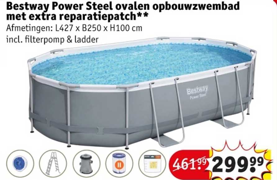 Bestway Power Steel ovalen opbouwzwembad met extra reparatiepatch**