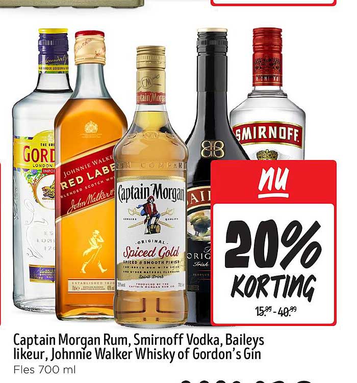 Captain Morgan Rum, Smirnoff Vodka, Baileys likeur, Johnnie Walker Whisky of Gordon's Gin, Fles 700 ml