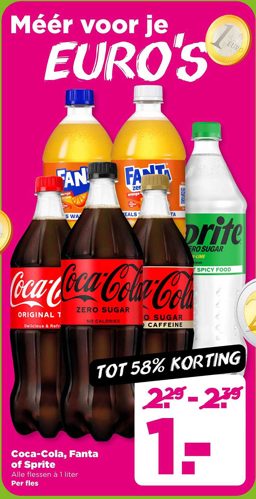 Coca-Cola, Fanta of Sprite - Alle flessen à 1 liter per fles