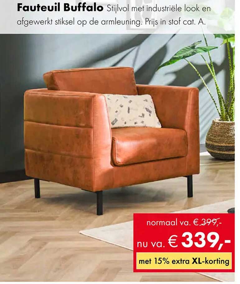 Fauteuil Buffalo Stijlvol met industriële look en afgewerkt stiksel op de armleuningen. Prijs in stof cat. A.