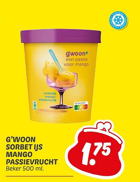 G'woon Sorbet IJs Mango Passievrucht Beker 500 ml.