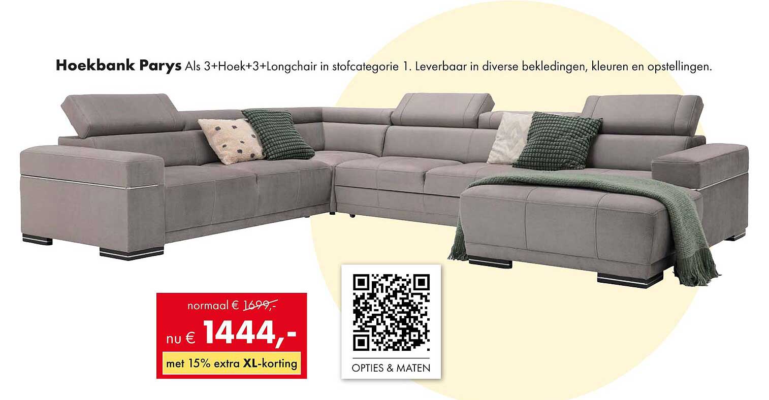 Hoekbank Parys Als 3+Hoek+3+Longchair in stofcategorie 1