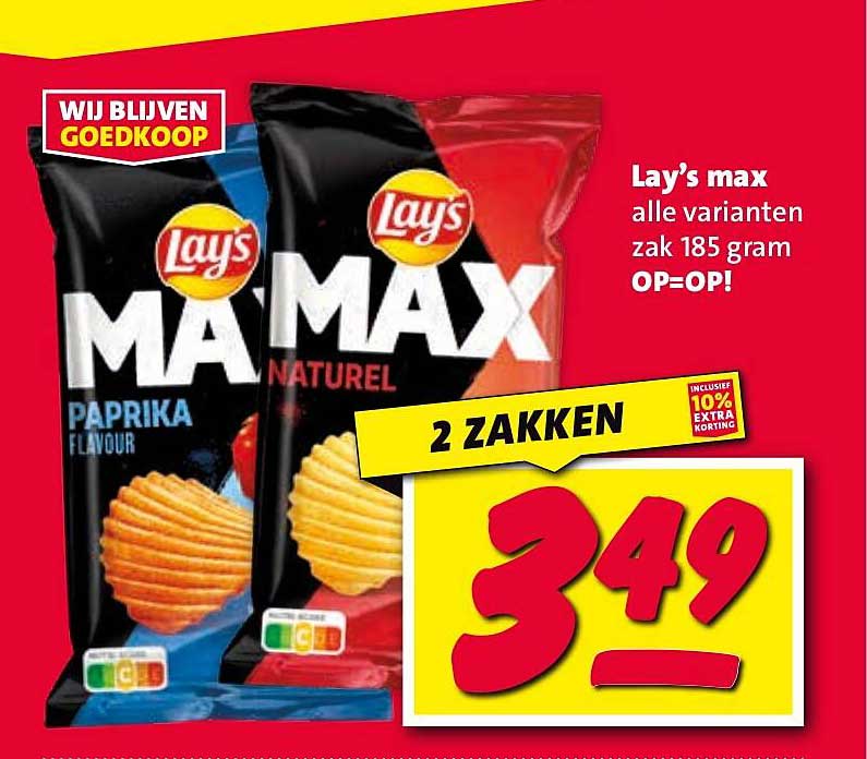 Lay’s max alle varianten zak 185 gram OP=OP!