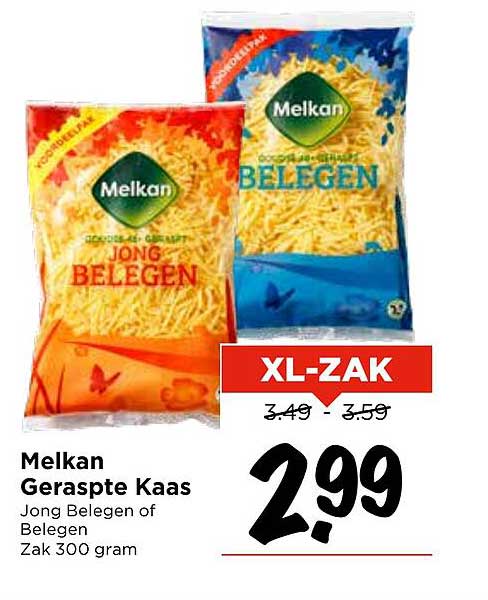 Melkan Geraspte Kaas Jong Belegen of Belegen Zak 300 gram