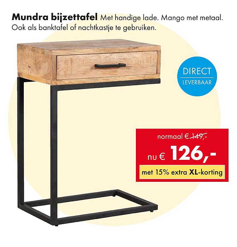 Mundra bijzettafel Met handige lade. Mango met metaal.
