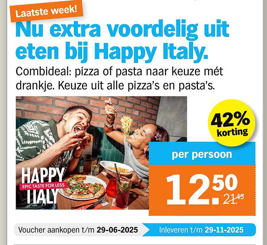 Nu extra voordelig uit eten bij Happy Italy.