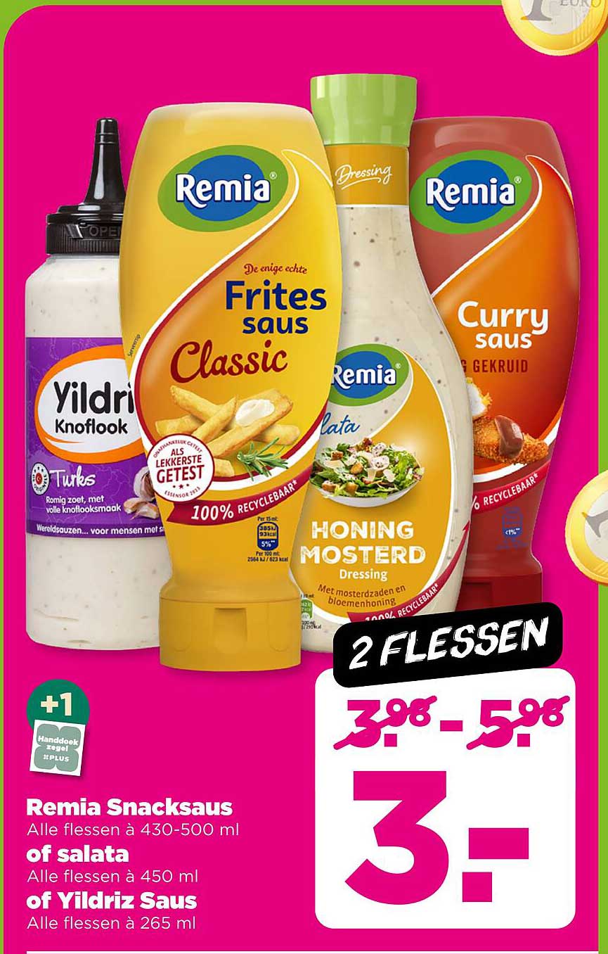 Remia Snacksaus, 2 flessen voor €3,-