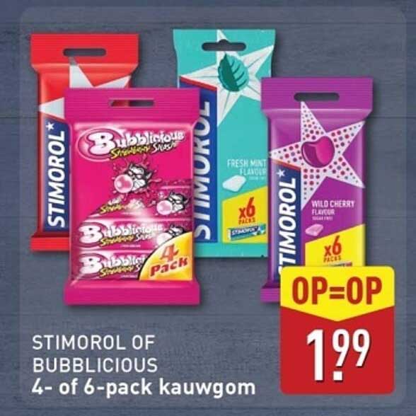 STIMOROL OF BUBBLICIOUS 4- OF 6-PACK KAUWGOM