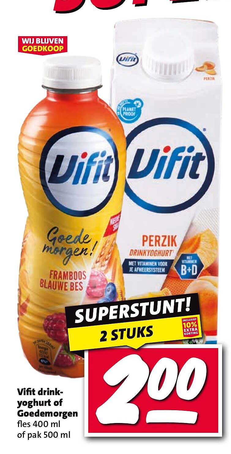 Vifit drink-yoghurt of Goedemorgen fles 400 ml of pak 500 ml