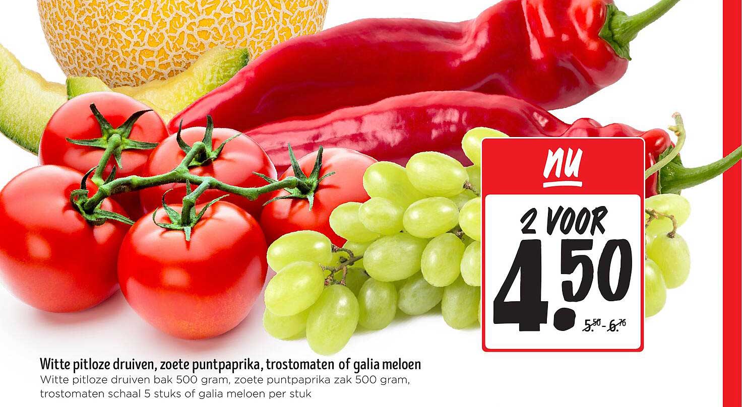 Witte pitloze druiven, zoete puntpaprika, trostomaten of galia meloen
