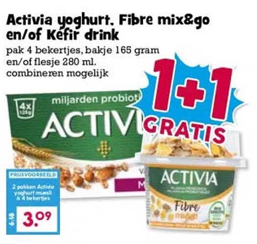 Activia yoghurt, Fibre mix&go en/of Kefir drink 1+1 GRATIS