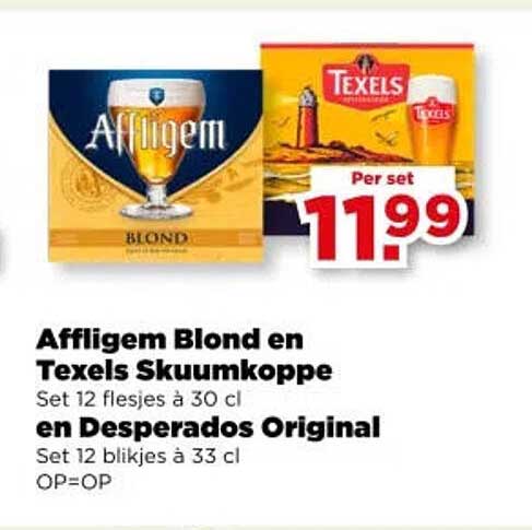 Affligem Blond en Texels Skuumkoppe Set 12 flesjes à 30 cl en Desperados Original Set 12 blikjes à 33 cl OP=OP