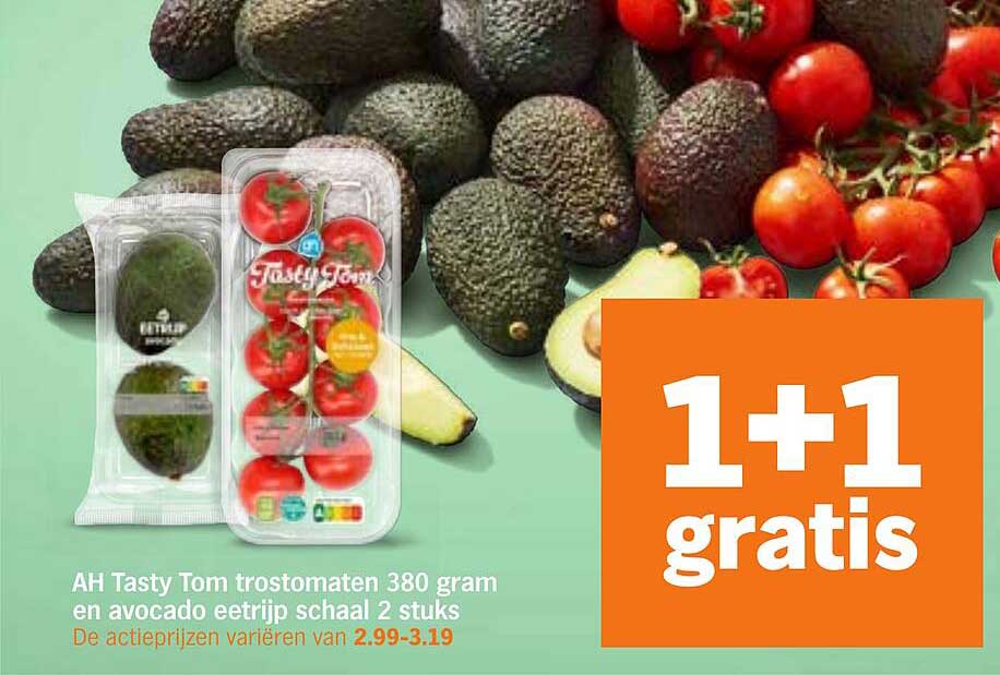 AH Tasty Tom trostomaten 380 gram en avocado eetrijp schaal 2 stuks 1+1 gratis