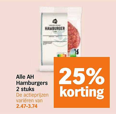 Alle AH Hamburgers 2 stuks 25% korting