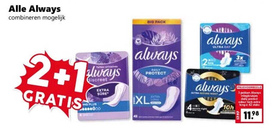 Alle Always combineren mogelijk 2+1 gratis