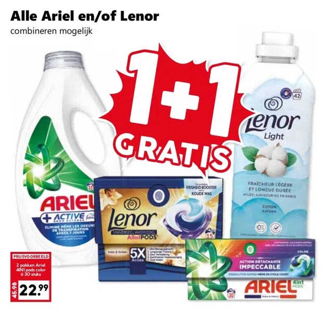 Alle Ariel en/of Lenor combineren mogelijk 1+1 GRATIS