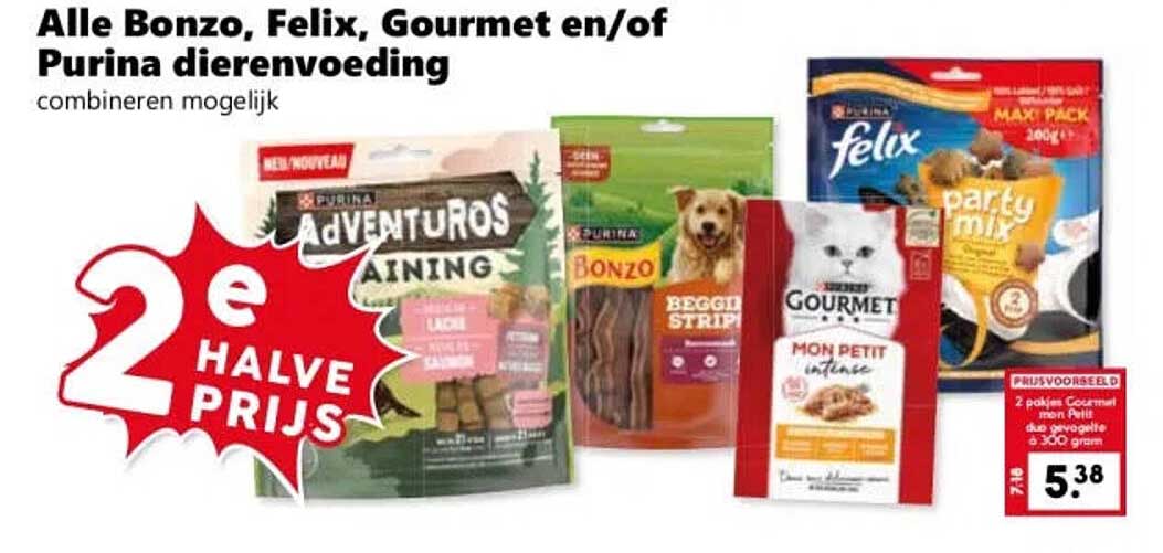 Alle Bonzo, Felix, Gourmet en/of Purina dierenvoeding combineren mogelijk 2e halve prijs