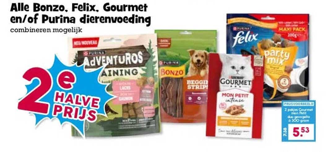 Alle Bonzo, Felix, Gourmet en/of Purina dierenvoeding combineren mogelijk 2e halve prijs
