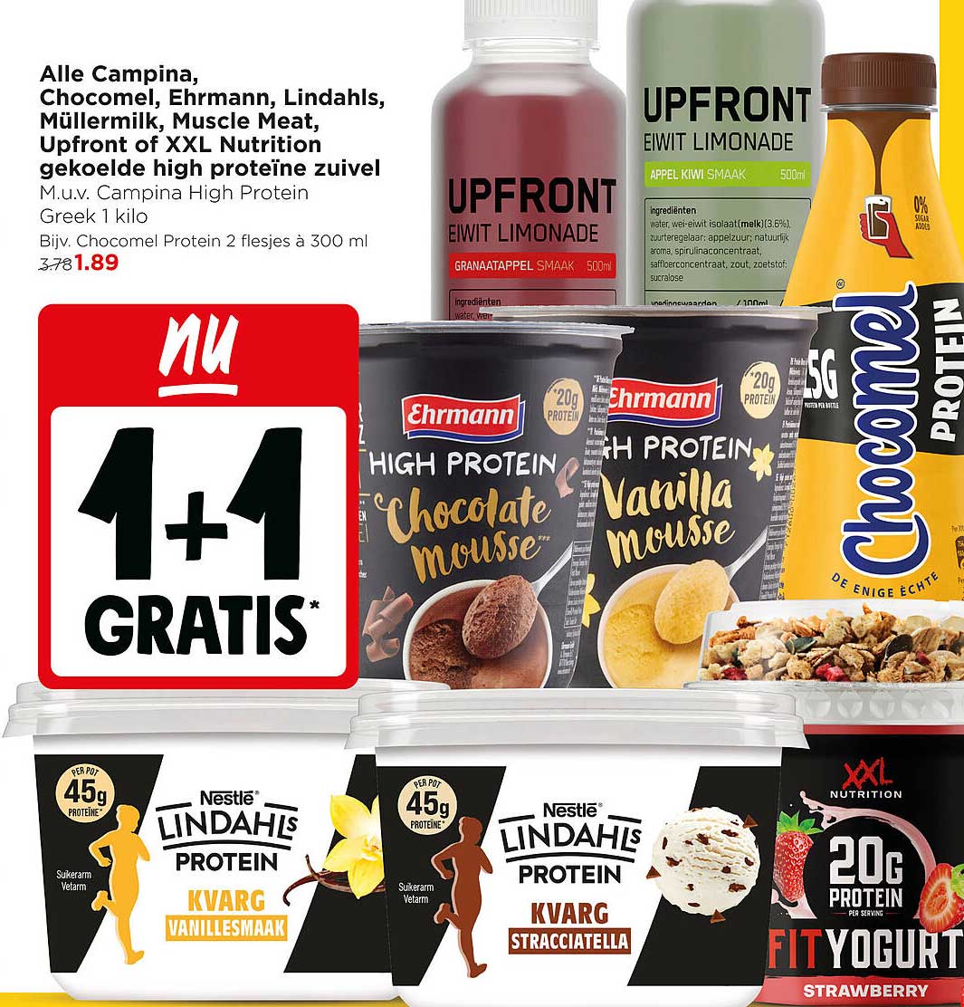 Alle Campina, Chocomel, Ehrmann, Lindahls, Müllermilk, Muscle Meat, Upfront of XXL Nutrition gekoelde high proteïne zuivel 1+1 GRATIS