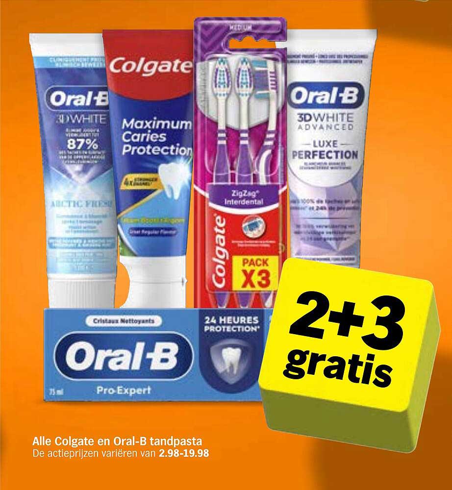 Alle Colgate en Oral-B tandpasta 2+3 gratis