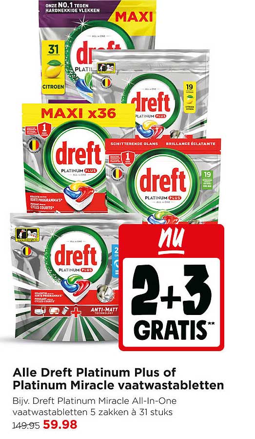 Alle Dreft Platinum Plus of Platinum Miracle vaatwastabletten nu 2+3 gratis